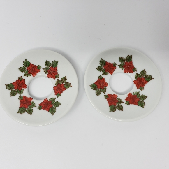 Candle Rings Plates Porcelain Holly Poinsettia Chirstmas Set of 2 - Picture 1 of 16
